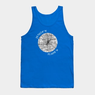 Houston Coordinates (latitude and longitude) in white text around map of H-Town, Texas Tank Top